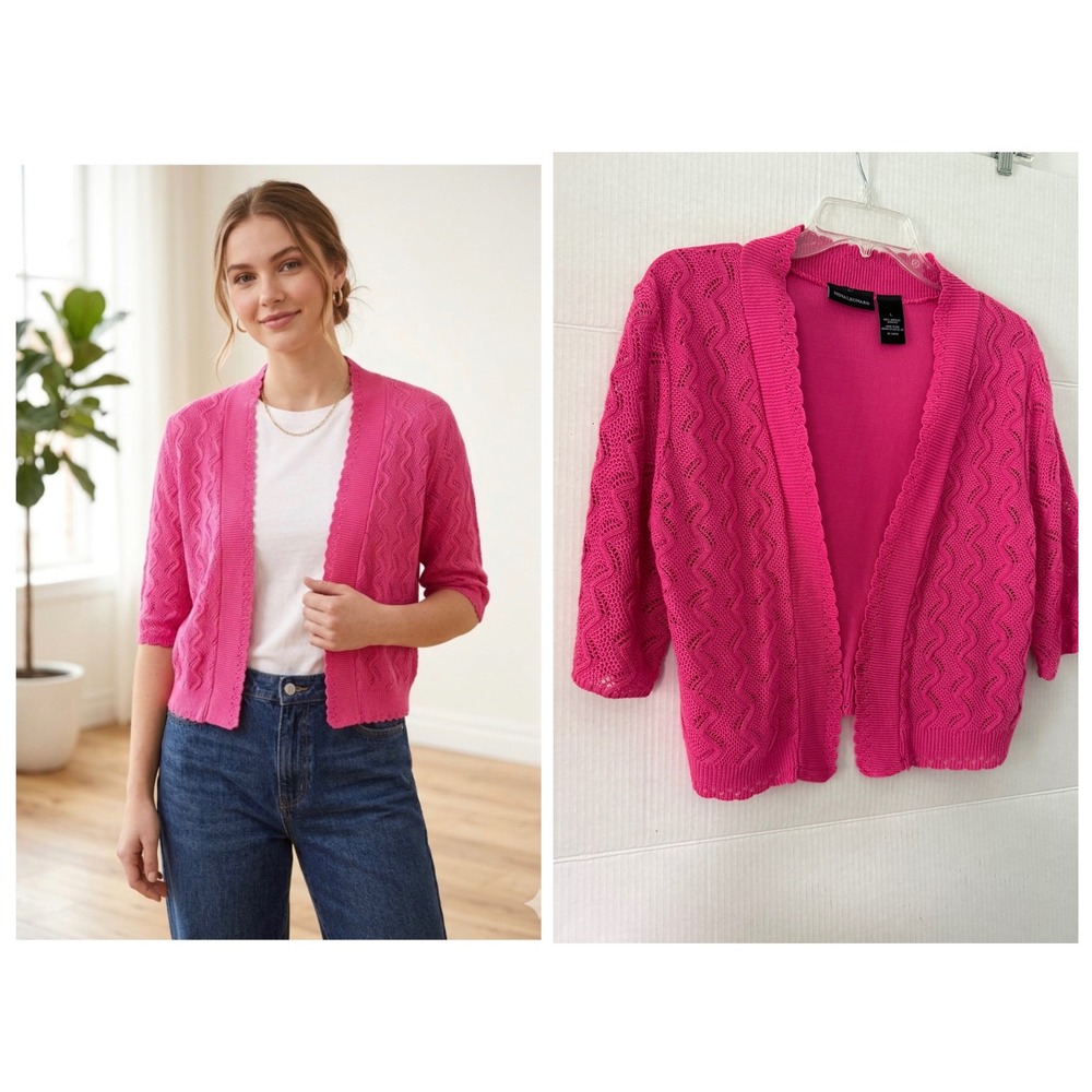 Nina Leonard Fuchsia Open Crochet Knit Short Bolero Shrug L Y2K Cottage Barbie